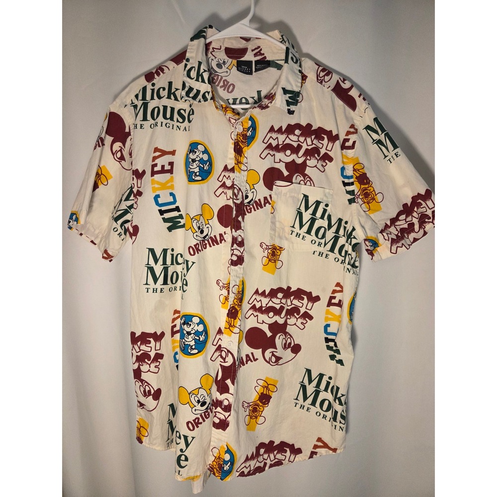 Disney Mickey Mouse Button Down Shirt Mens Large Cream Excellent All Over Print